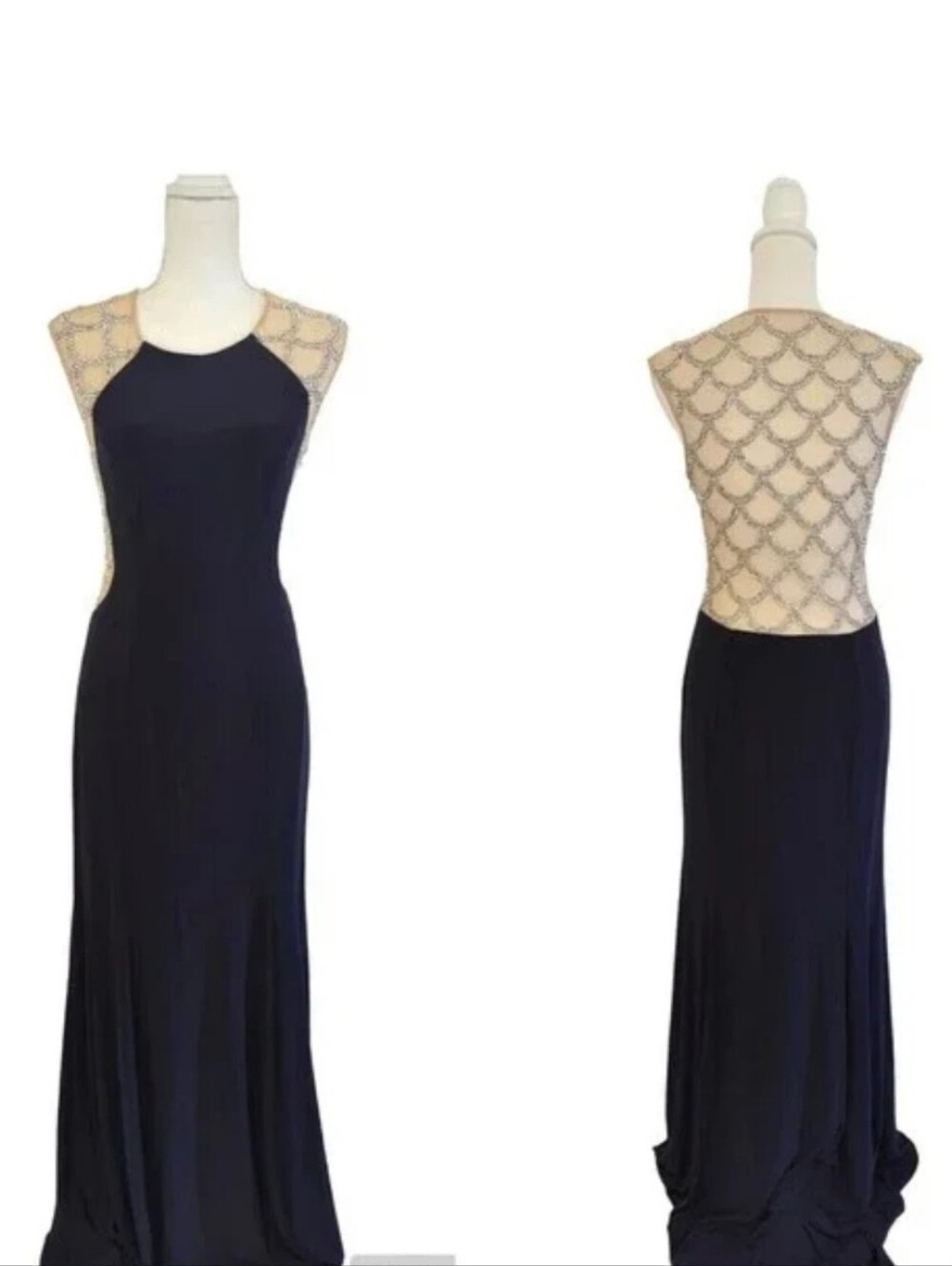 Xscape Elegant Navy Evening Gown with Beaded Illusion Back Size 8 A82 - Picture 1 of 5